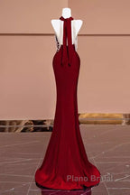 Mermaid Halter Burgundy Long Formal Prom Dresses