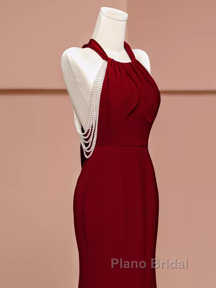 Mermaid Halter Burgundy Long Formal Prom Dresses