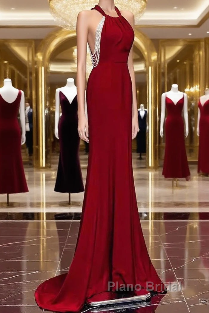Mermaid Halter Burgundy Long Formal Prom Dresses Main image