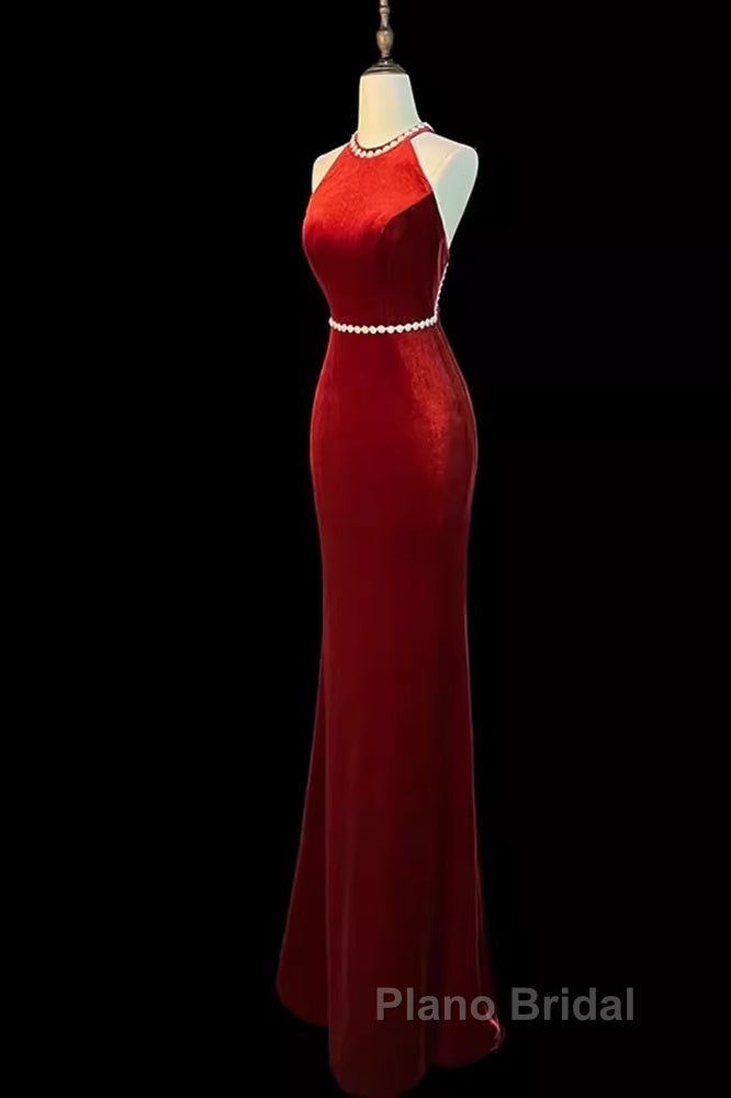 Mermaid Halter Burgundy Long Velvet Formal Prom Dresses