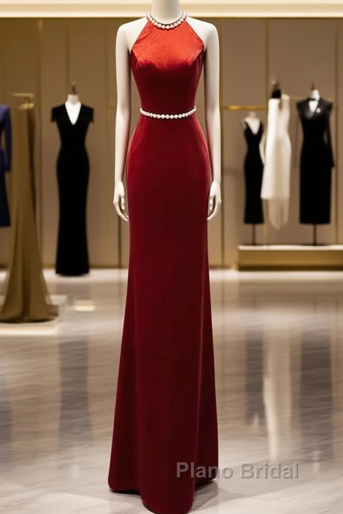 Mermaid Halter Burgundy Long Velvet Formal Prom Dresses