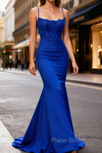 Mermaid Halter Dark Green Long Formal Prom Dresses with Appliques Beading