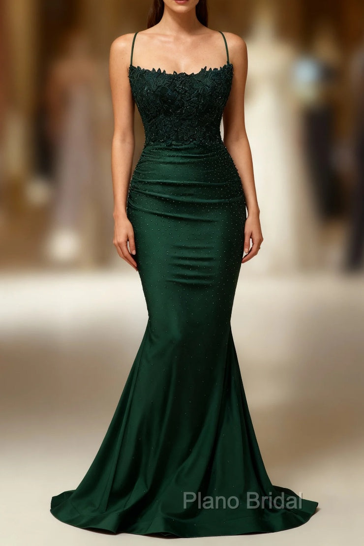 Mermaid Halter Dark Green Long Formal Prom Dresses with Appliques Beading Main image