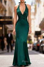 Mermaid Halter Dark Green Long Satin Formal Prom Dresses