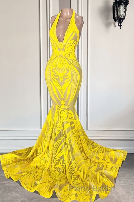 Mermaid Halter Floor-length Sleeveless Open Back Appliques Lace Formal Prom Dress Secondary image