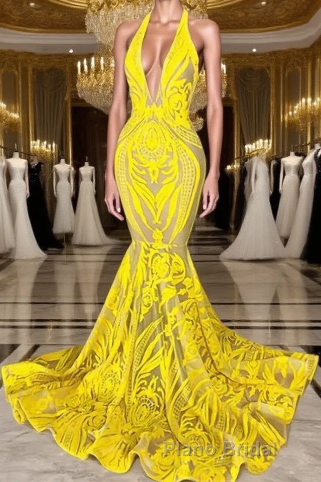 Mermaid Halter Floor-length Sleeveless Open Back Appliques Lace Formal Prom Dress Main image