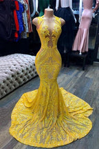Mermaid Halter Floor-length Sleeveless Open Back Sequined Appliques Lace Formal Prom Dress