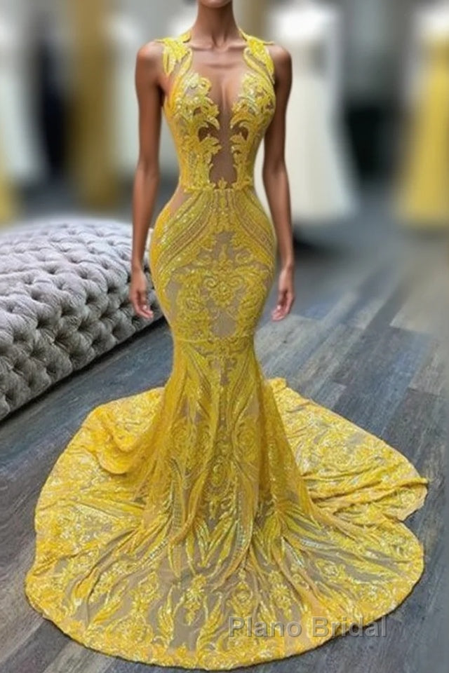 Mermaid Halter Floor-length Sleeveless Open Back Sequined Appliques Lace Formal Prom Dress Main image