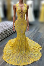 Mermaid Halter Floor-length Sleeveless Open Back Sequined Appliques Lace Formal Prom Dress