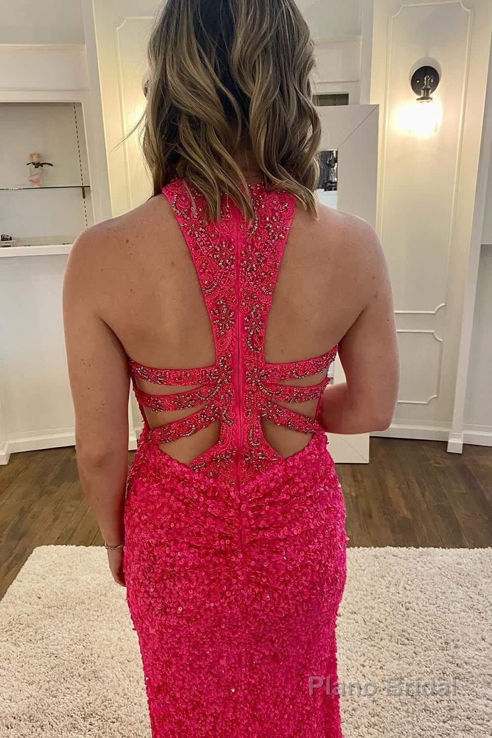 Mermaid Halter Neck Hot Pink Sequins Long Prom Dress with Split Front Secondary image