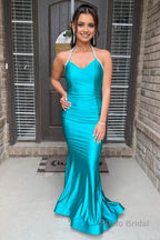 Mermaid Halter Neck Peacock Green Long Prom Dress with Backless