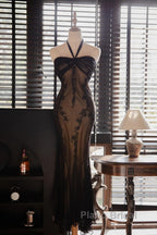 Mermaid Halter Neck Tulle Applique Long Formal Prom Dresses