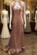 Mermaid Halter Rose Gold Formal Prom Dresses