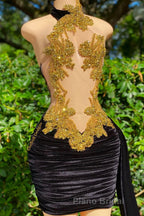 Mermaid High Neck Applique Lace Mini Sleeveless Backless Formal Prom Dress With Side Train