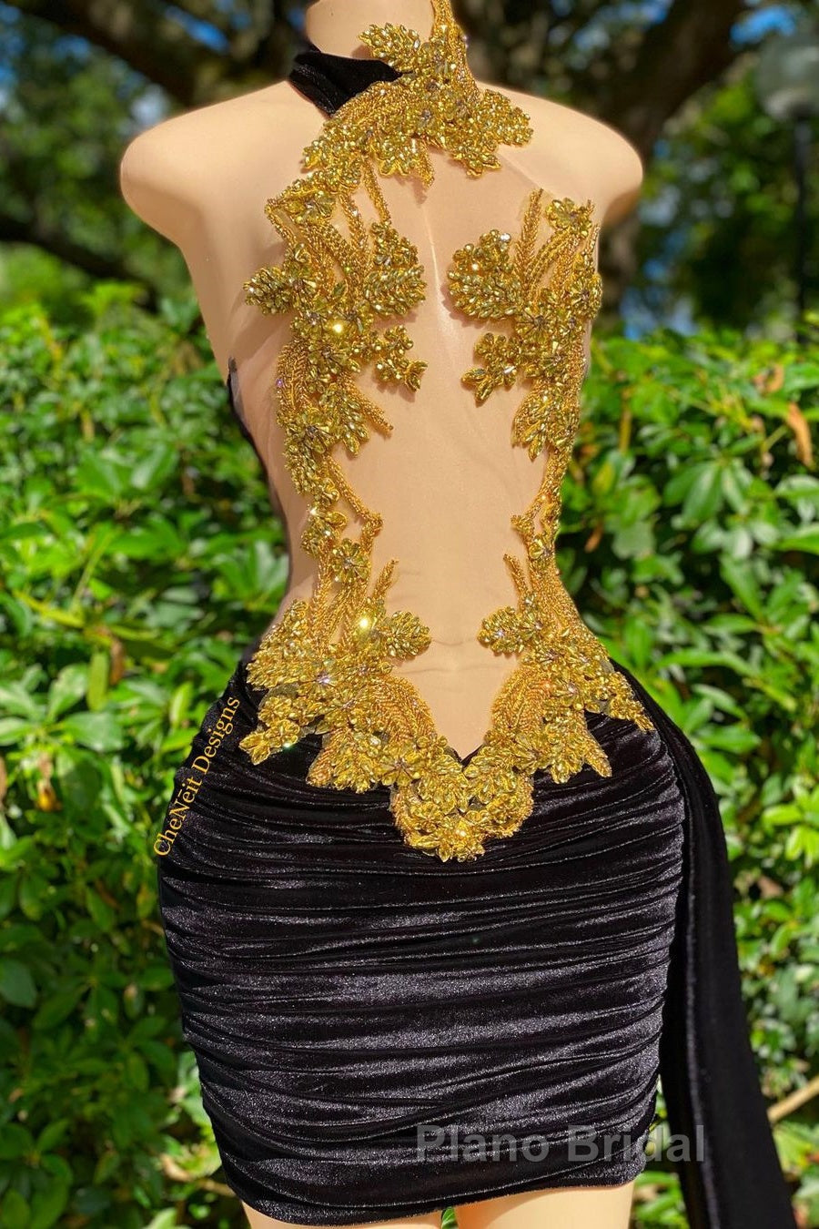 Mermaid High Neck Applique Lace Mini Sleeveless Backless Formal Prom Dress With Side Train