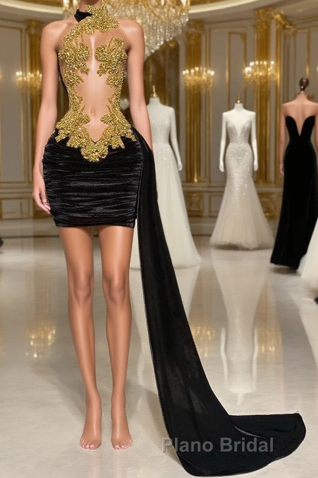 Mermaid High Neck Applique Lace Mini Sleeveless Backless Formal Prom Dress With Side Train Main image