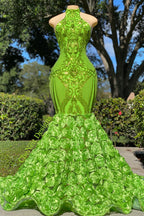 Mermaid High Neck Appliques Lace Sequined Open Back Floor-Length Sleeveless Prom Dress