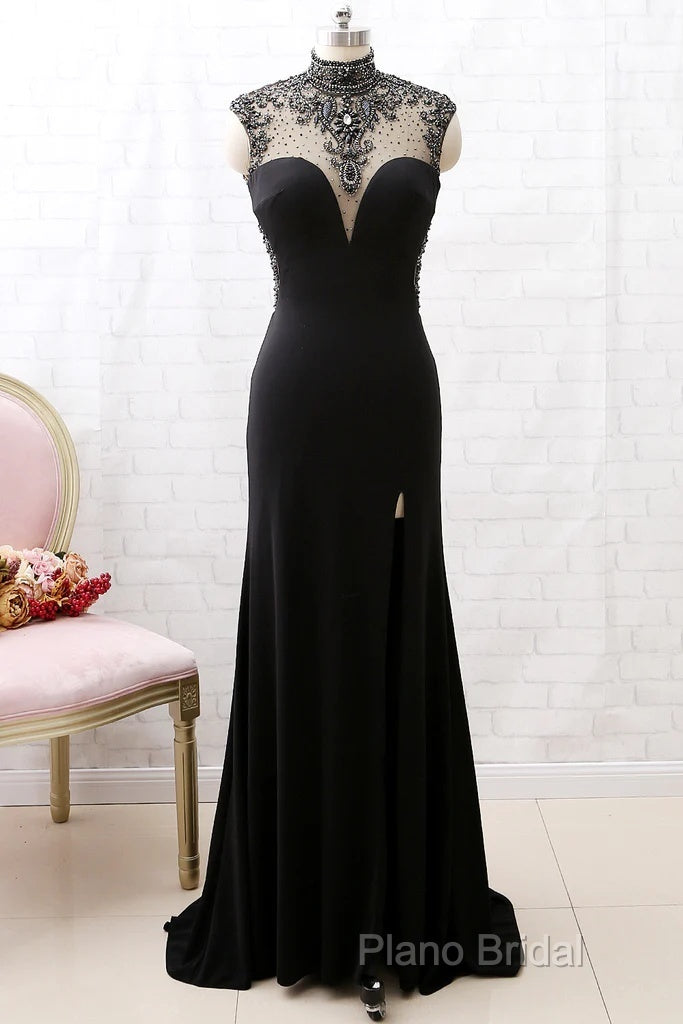 Mermaid High Neck Beaded Jersey Black Formal Prom Gown With Slit
