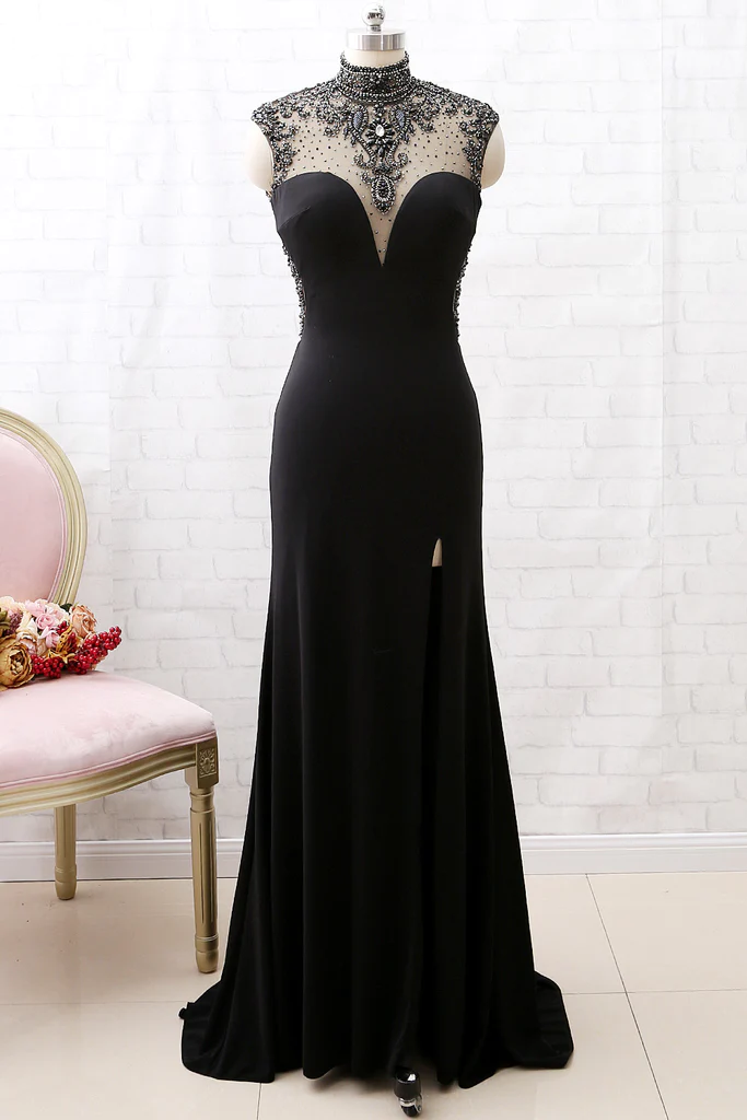Mermaid High Neck Beaded Jersey Black Formal Evening Formal Prom Gown With Slit Secondary image