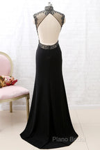 Mermaid High Neck Beaded Jersey Black Formal Prom Gown With Slit