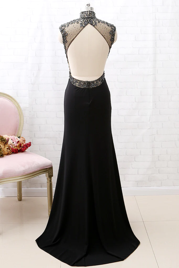 Mermaid High Neck Beaded Jersey Black Formal Evening Formal Prom Gown With Slit