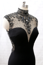 Mermaid High Neck Beaded Jersey Black Formal Evening Formal Prom Gown With Slit