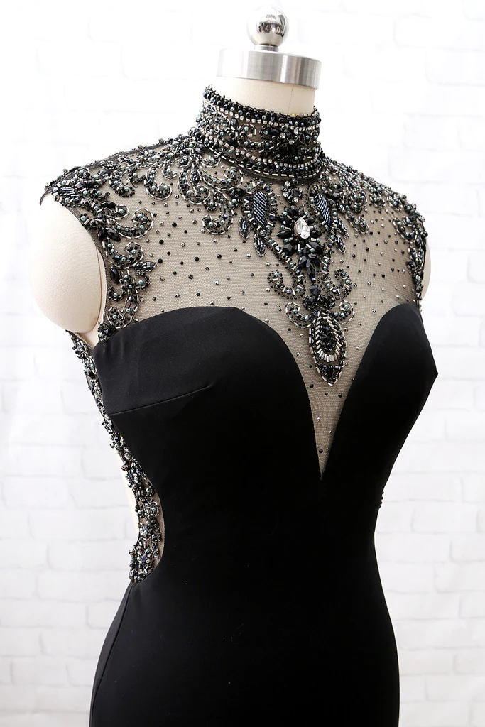 Mermaid High Neck Beaded Jersey Black Formal Evening Formal Prom Gown With Slit