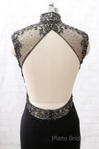 Mermaid High Neck Beaded Jersey Black Formal Prom Gown With Slit
