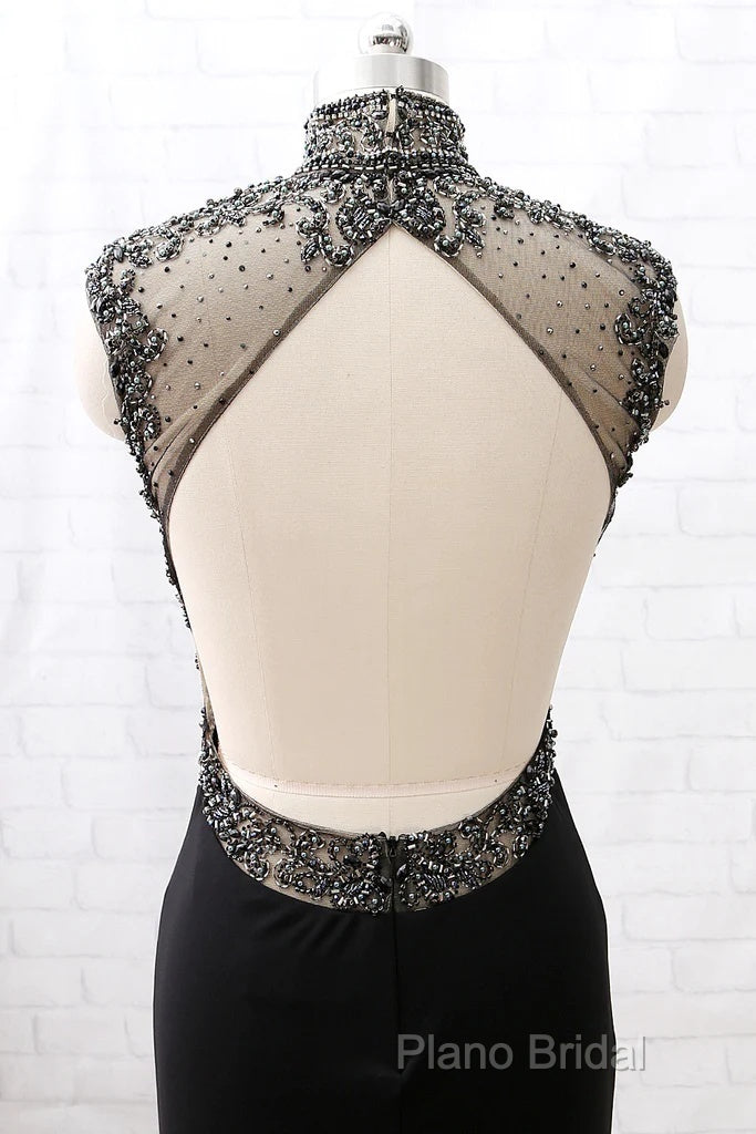 Mermaid High Neck Beaded Jersey Black Formal Prom Gown With Slit