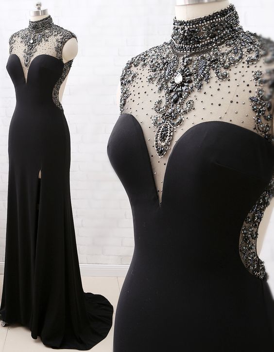 Mermaid High Neck Beaded Jersey Black Formal Evening Formal Prom Gown With Slit Main image