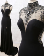 Mermaid High Neck Beaded Jersey Black Formal Evening Formal Prom Gown With Slit