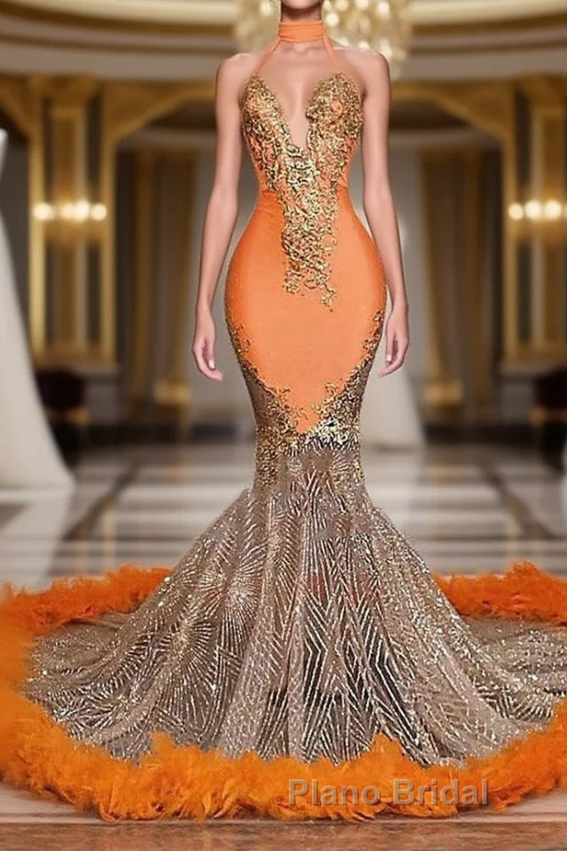 Mermaid High Neck Floor-length Sleeveless Appliques Lace Formal Prom Dress With Feather
