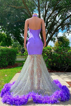 Mermaid High Neck Floor-length Sleeveless Open Back Appliques Lace Beaded Formal Prom Dress With Feather