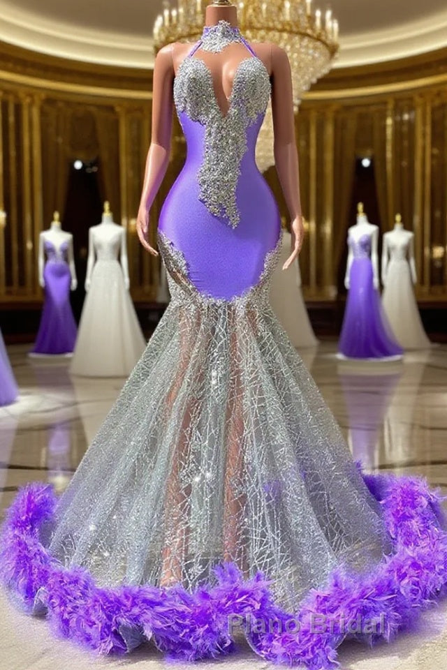 Mermaid High Neck Floor-length Sleeveless Open Back Appliques Lace Beaded Formal Prom Dress With Feather Main image