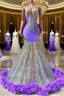 Mermaid High Neck Floor-length Sleeveless Open Back Appliques Lace Beaded Formal Prom Dress With Feather