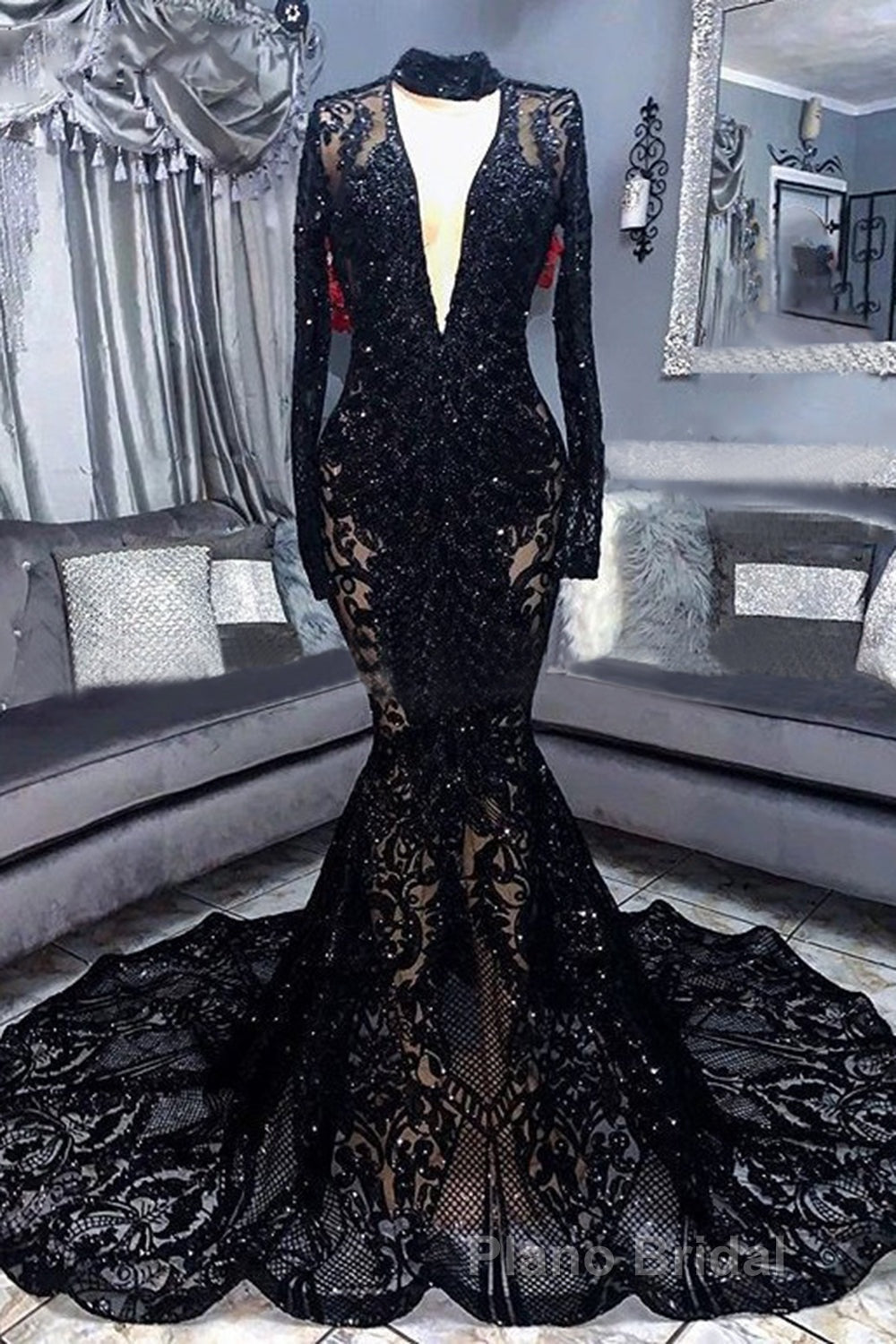 Mermaid High Neck Long Sleeves Formal Prom Dresses