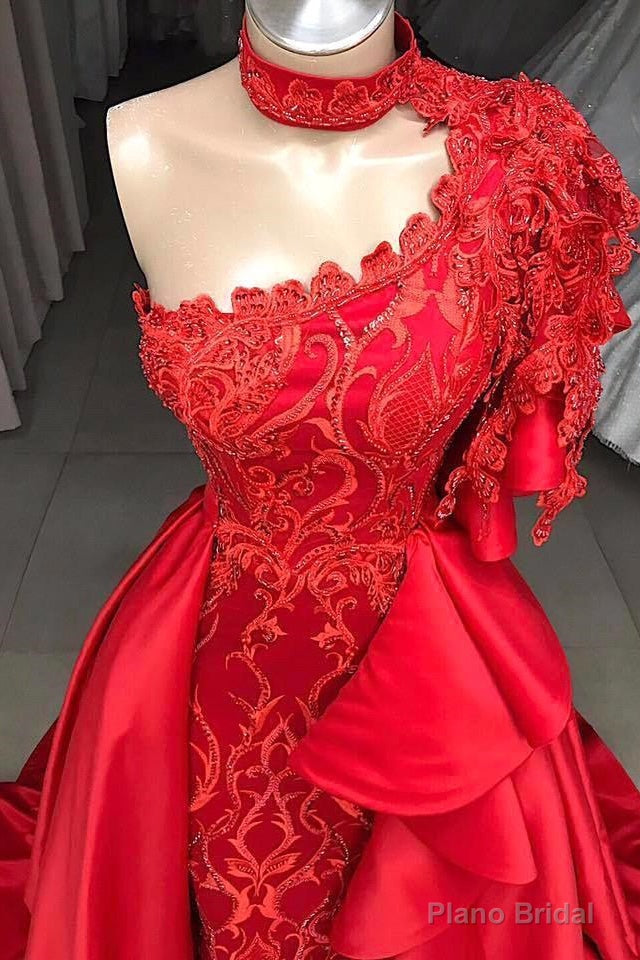 Mermaid High Neck One Shoulder Floor-length Half Sleeve Appliques Lace With Side Train Prom Dress Secondary image
