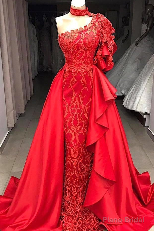 Mermaid High Neck One Shoulder Floor-length Half Sleeve Appliques Lace With Side Train Prom Dress