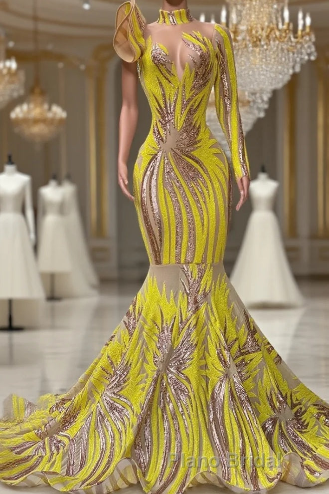 Mermaid High Neck One Shoulder Sequined Floor-length Long Sleeve Lace Formal Prom Dress