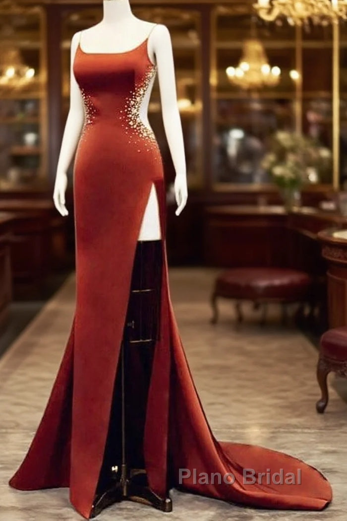 Mermaid High Slit Spaghetti Strap Satin Dresses Main image