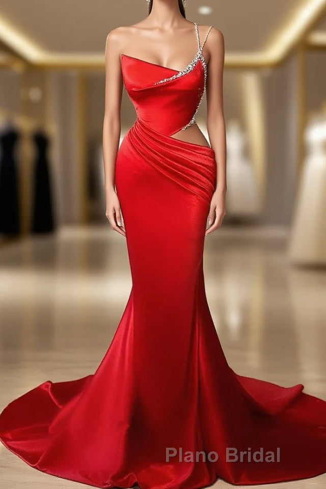 Copy of Black And Red Mermaid Straps Long Evening Dress, Long Formal Prom Dress With Leg Slit Main image