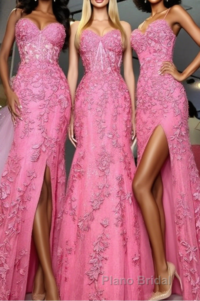 Mermaid Hot Pink Lace Long Formal Prom Dress, Long Hot Pink Formal Graduation Evening Dress