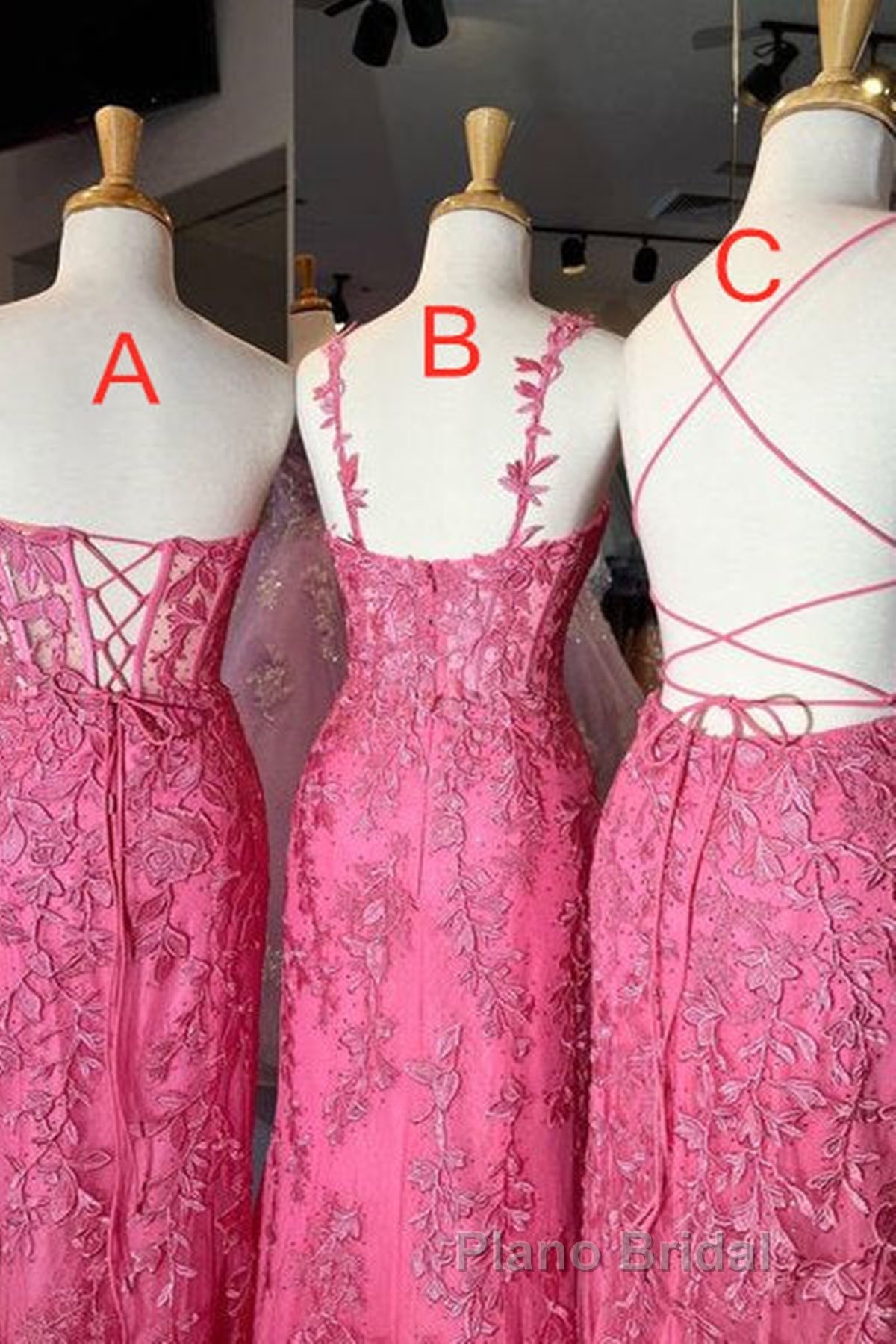 Mermaid Hot Pink Lace Long Formal Prom Dress, Long Hot Pink Formal Graduation Evening Dress