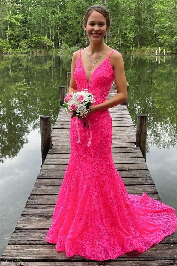 Trumpet Hot Pink V-Neck Lace Backless Sleeveless Long Formal Prom Dresses