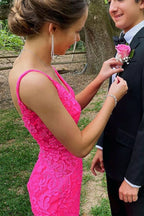 Trumpet Hot Pink V-Neck Lace Backless Sleeveless Long Formal Prom Dresses