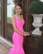 Trumpet Hot Pink V-Neck Lace Backless Sleeveless Long Formal Prom Dresses