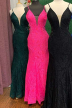 Trumpet Hot Pink V-Neck Lace Backless Sleeveless Long Formal Prom Dresses