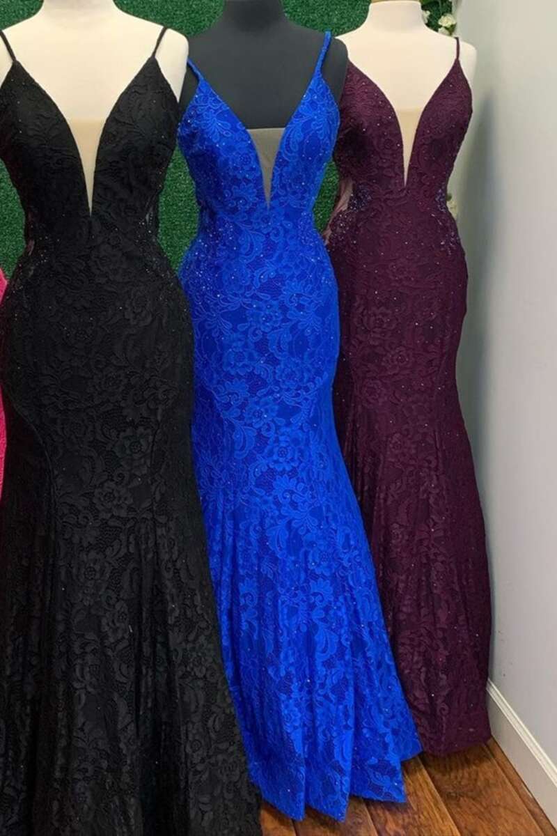 Trumpet Hot Pink V-Neck Lace Backless Sleeveless Long Formal Prom Dresses