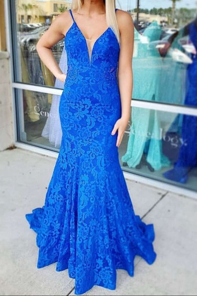 Trumpet Hot Pink V-Neck Lace Backless Sleeveless Long Formal Prom Dresses