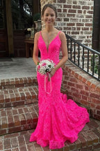 Trumpet Hot Pink V-Neck Lace Backless Sleeveless Long Formal Prom Dresses